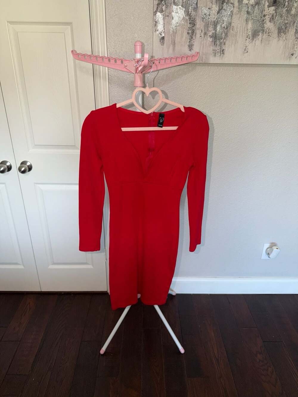 Windsor Long Sleeve Plunge Bodycon Midi Dress in Red